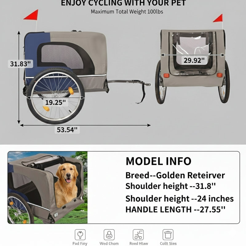 Remorque à vélo pour chiens - Chariot de transport pour animaux pliable pour les vélos, conçu avec des roues de 20 pouces, deux points d'entrée, un drapeau de sécurité et un mécanisme de fixation et de pliage simple