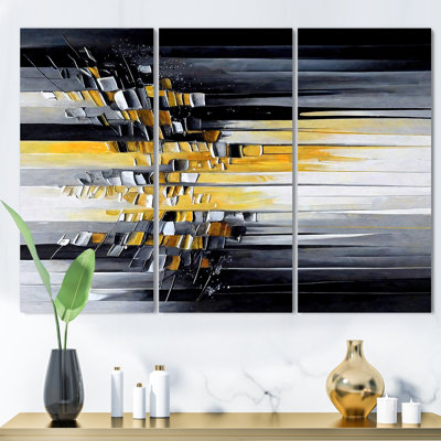 Abstrait géométrique noir et jaune III - 3 pièces sur toile