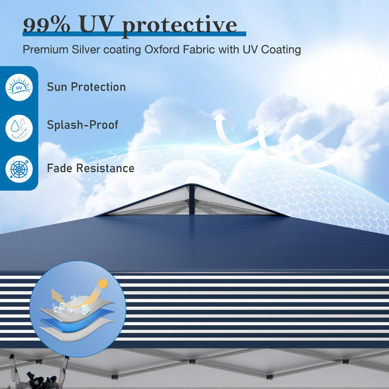10X10Ft Pop Up Canopy Tent With Storage Bag, Navy blue Stripe