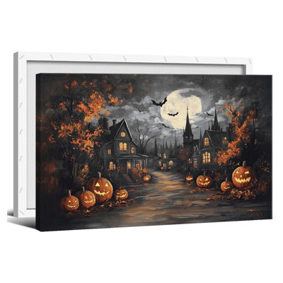 Halloween Haunted House Canvas Wall Art, Moody Dark Spooky Full Moon Poster, Gothic Horror Growing Jack O Lanterns Street Picture, Dark Academia Glowing Pumpkins Wall Decor 16X24in Wrapped Canvas