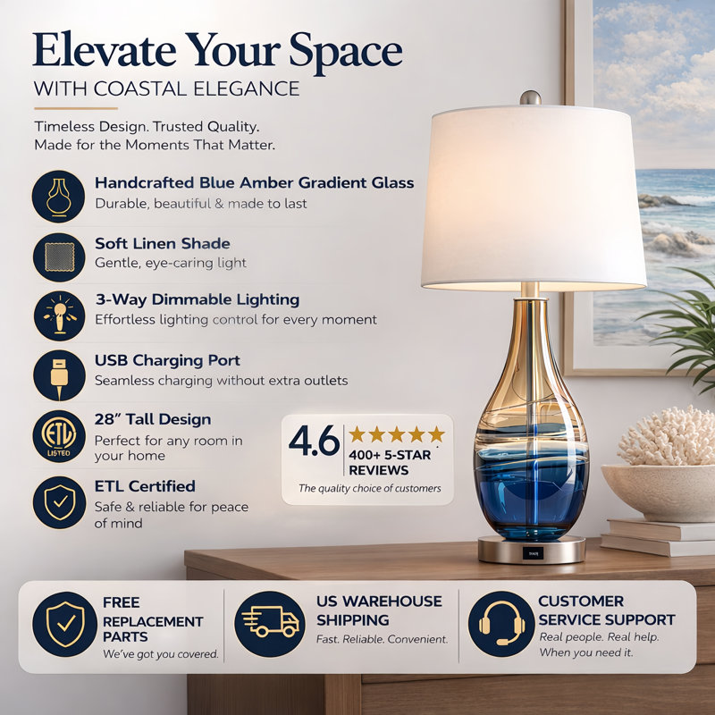  Melun 28" Modern Coastal Blue and Amber Glass Table Lamp with 3-Way Dimmable Lighting and USB Port