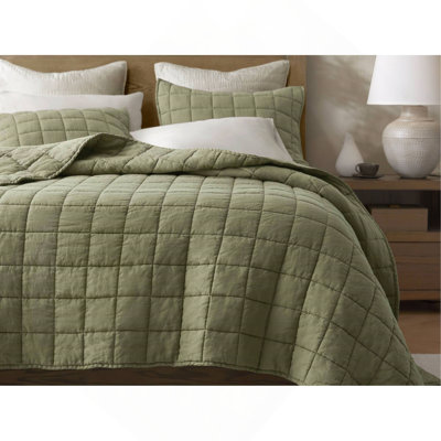 3-Piece Linen Garment Washed Quilt Set,Olive Green