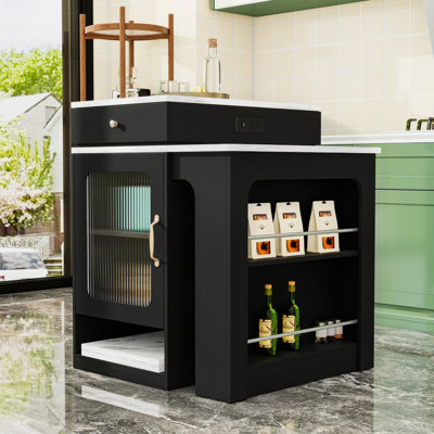 Îlot de cuisine avec table de salle à manger extensible, rangement double-face, 2 tiroirs, prise de courant et tablettes réglables