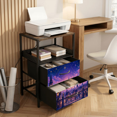 Table de chevet 2 tiroirs avec station de charge, table de chevet de chambre à coucher avec ports USB, tablette ouverte noire, table de chevet avec impression de l'architecture de ciel étoilé magique