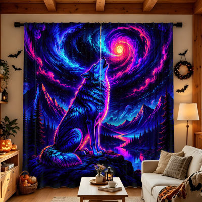 2Pcs Neon Wolf Curtains, Vibrant Cosmic Galaxy Print, Light Filtering for Bedroom, Living Room, Window Decor, Nocturnal Howling at Moon, Artistic Design