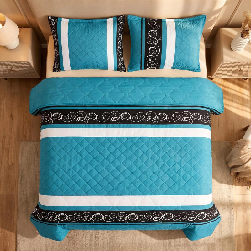 9-Piece Teal & Black Boho Geometric Queen Quilted Bedspread Set with Matching Curtains, Queen Bedspread + 8 Additional Pieces