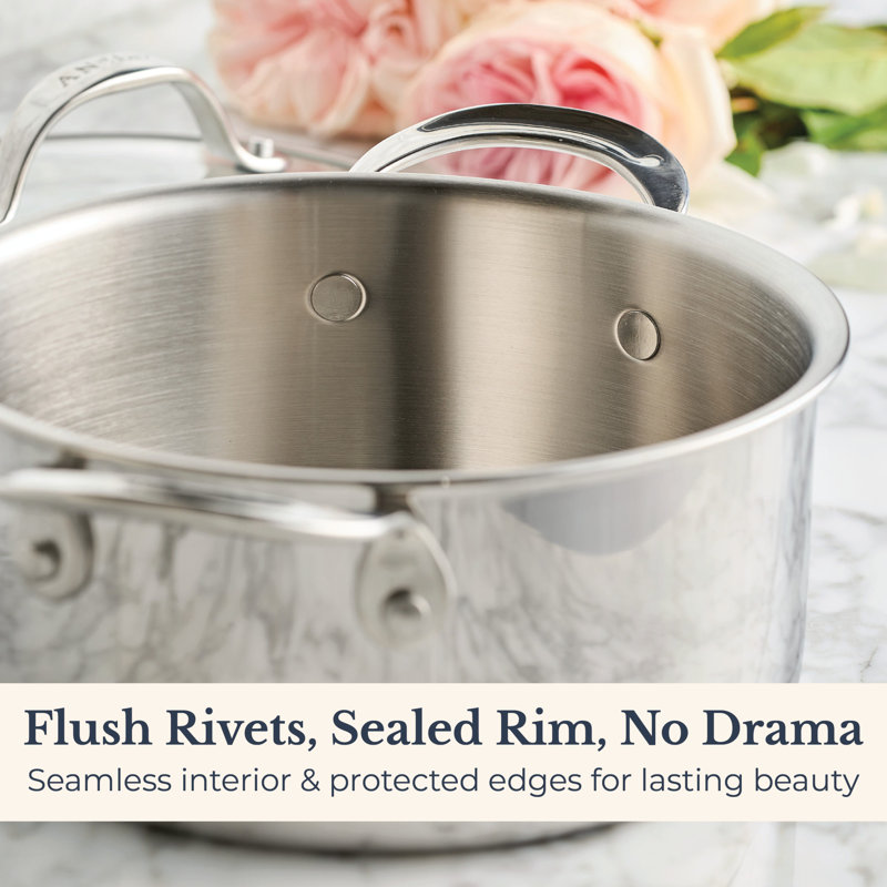 Vanderpump By Anolon Tri-Ply Clad Stainless Saucepot with Lid and Steamer Insert, 3-Quart, Stainless Steel