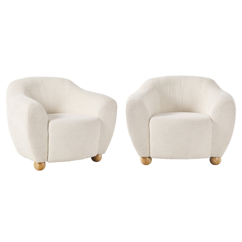 2-Pack Contemporary Bouclé Upholstered Lounge Chairs With EZ Assembly Wood Legs, Ivory