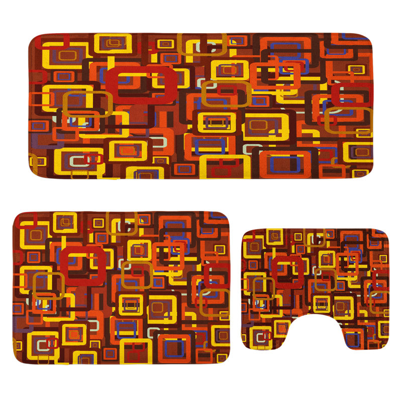  Ensemble de tapis de salle de bain abstrait 3 pièces en forme de U et de tapis rectangulaires jaune cannelle et paprika