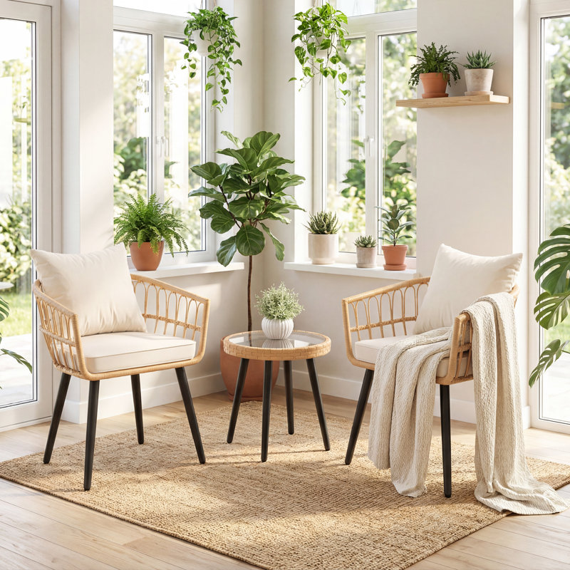 Ensemble de bistro en rotin 3 pièces, ensemble de conversation en osier toutes saisons avec 2 fauteuils, coussins et table d'appoint à dessus en verre pour patio, balcon, cour, naturel
