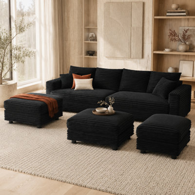 Ramspoth 102.4" Plush Corduroy 4-Seater Sofa with 3 Movable Ottomans, Deep Seats, Removable Backrests and 1,000 lb. Capacity