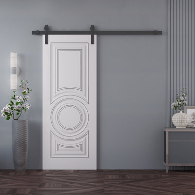White barn door with circular and rectangular molding and black metal sliding hardware