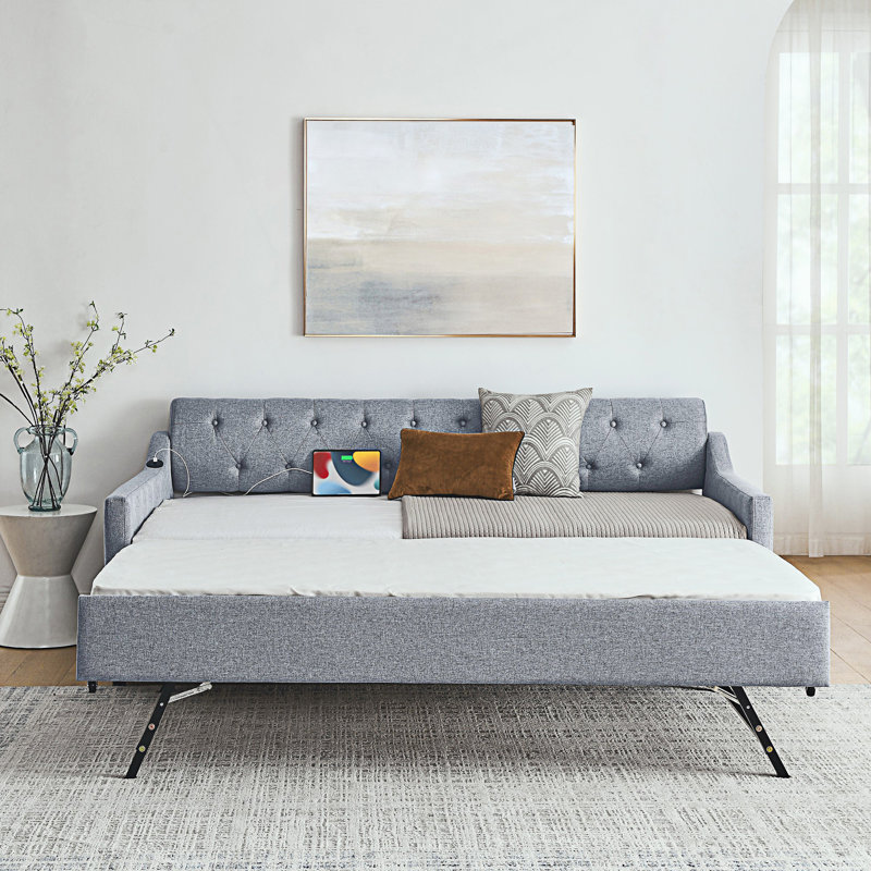 Modern Twin Size Upholstery Daybed With Twin Size Erectable Trundle And Usb Charging Design, Gray