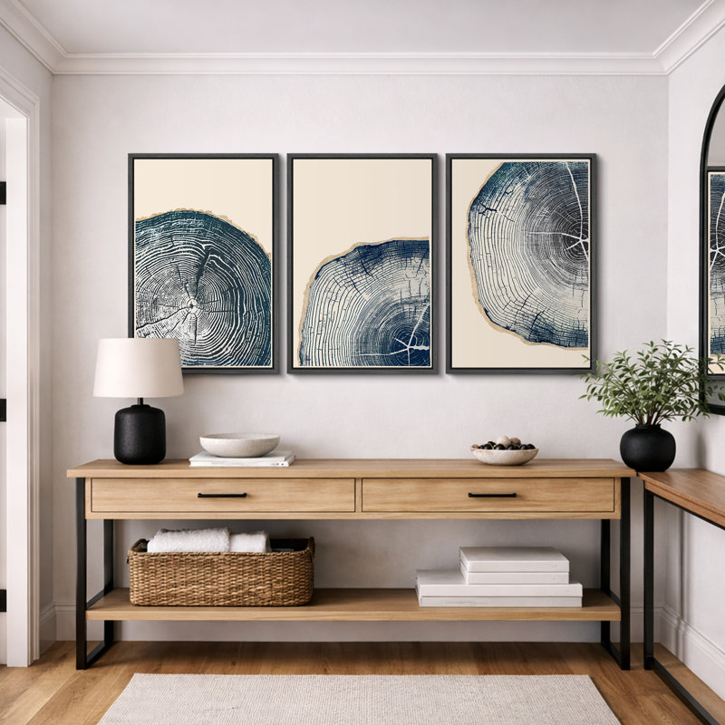 Tree Ring "Navy Blue Wood Stump Artwork, Organic Modern Rustic Woodland Wall Pictures, Framed Canvas Giclée Print 3 Pieces Wall Art" 16"x24"x3 pcs, 24"x36"x3 pcs