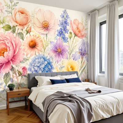 Peel and Stick Wall Mural Colorful Botanical Garden Vibrant Blossoms Foliage 100"H x 144"W Waterproof & Removable Wallpaper for Bedroom Living Room Dormitory Home Decor