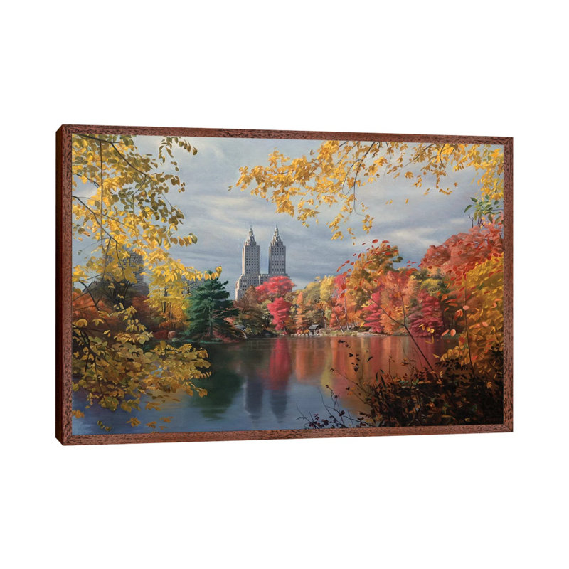 Autumn In Central Park by Nick Savides - Painting on Canvas, 66.04 cm H x 45.72 cm W, Classic Brown Wood Framed