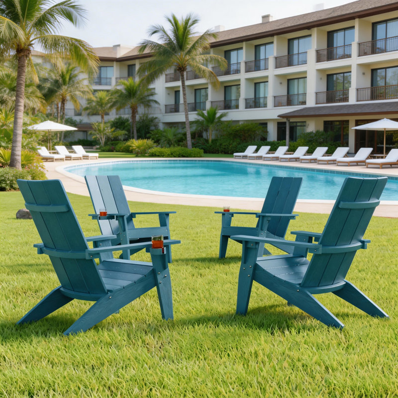 Ensemble de 4 chaises Adirondack surdimensionnées tout temps Aurra avec porte-gobelets rétractables, chaises de foyer en plastique HIPS (bleu marine)
