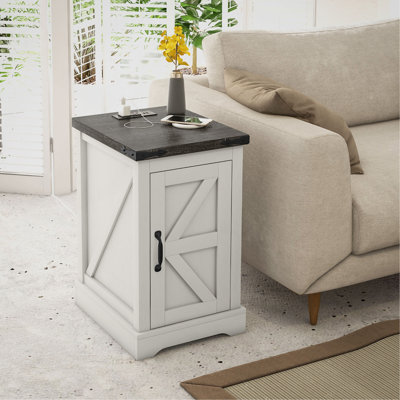 End Table with Charging Station and USB Ports, Farmhouse Side Table with Storage Cabinet for Living Room,wood