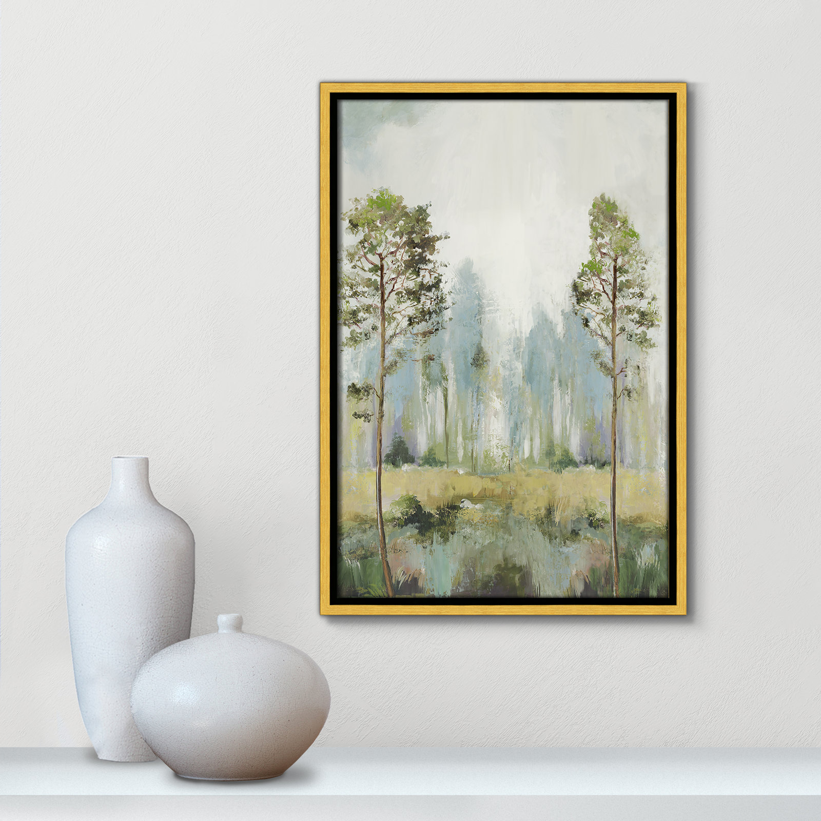 Tall Green Trees II by Teton Pearce - Floater Frame Print on Canvas, 19.5" H x 13.5" W, Gold