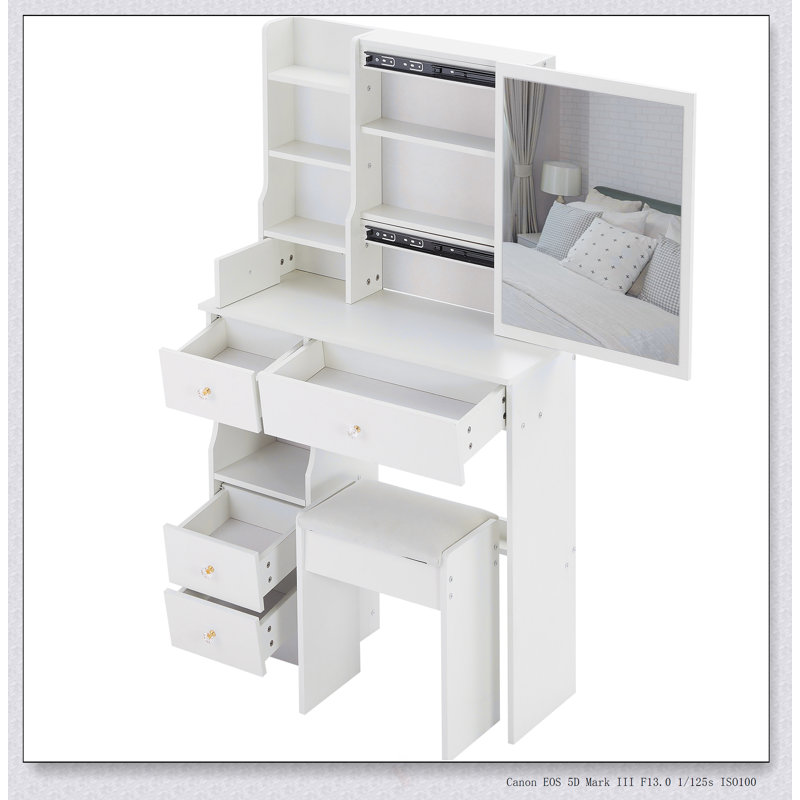 Table de coiffeuse compacte avec très grand miroir coulissant, rangement multicouche et tabouret rembourré pour les petits espaces