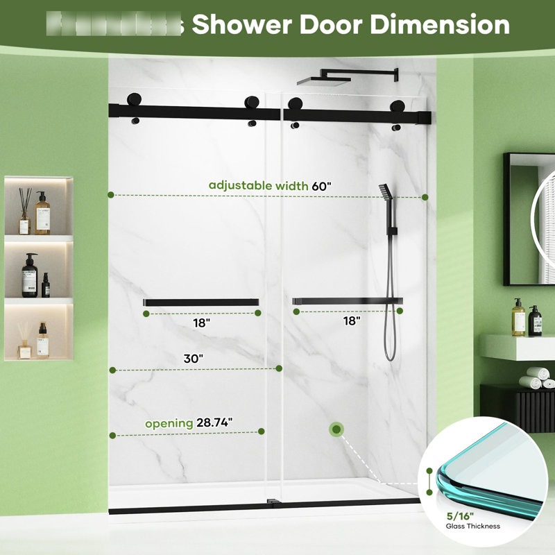 Porte de douche double coulissante 60 po x l 74 po x H 60 po, verre trempé 8 mm, eau, solution de salle de bain l, H, noir, bon fonctionnement, décoration