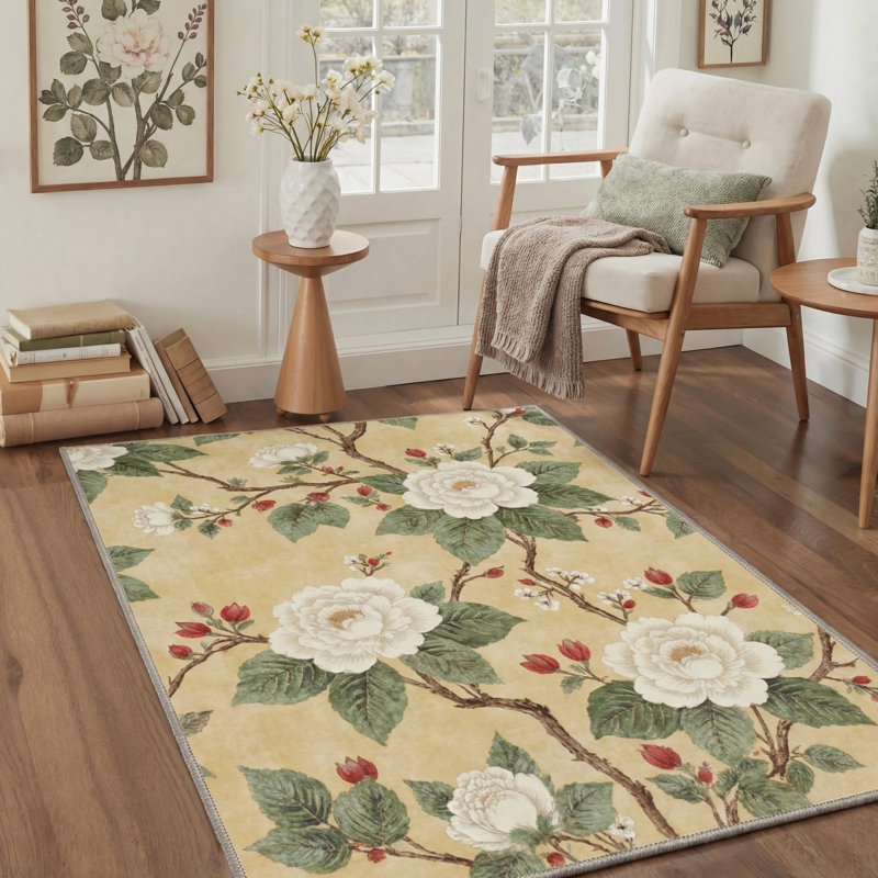 Aura Floral Machine Washable Yellow Indoor Area Rug with Non-Slip Backing, Rectangle 6' x 9'
