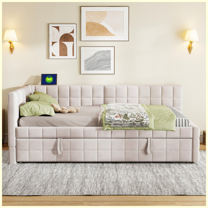Lit de jour rembourré en L moderne avec lit gigogne Pop Up, Beige