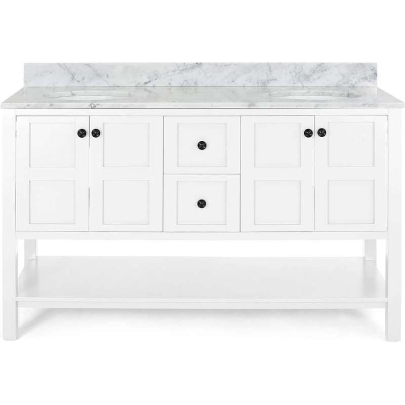Meuble-lavabo double 61 po avec plateau en marbre Rassan, Blanc