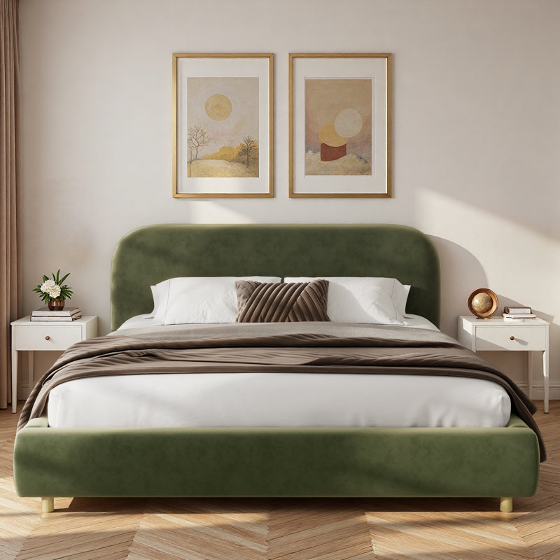 Lit plateforme en velours avec tête de lit courbée et pieds en bois, Très grand lit