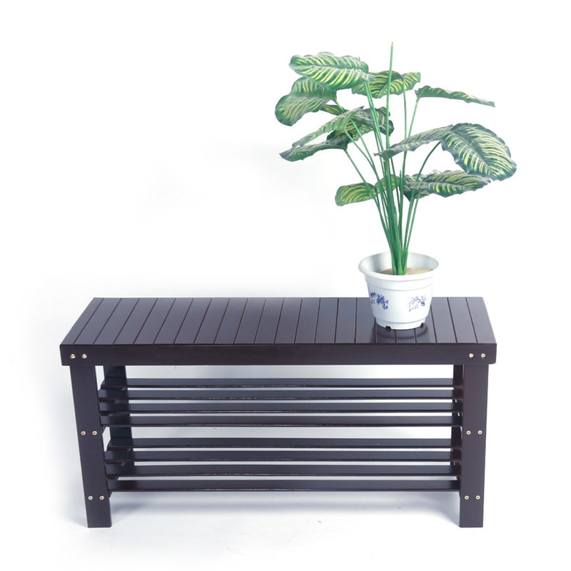 Coffee Strip Pattern Bamboo Shoe Rack - 3-tier 2-in-1 Stool For Stylish Shoe Organization