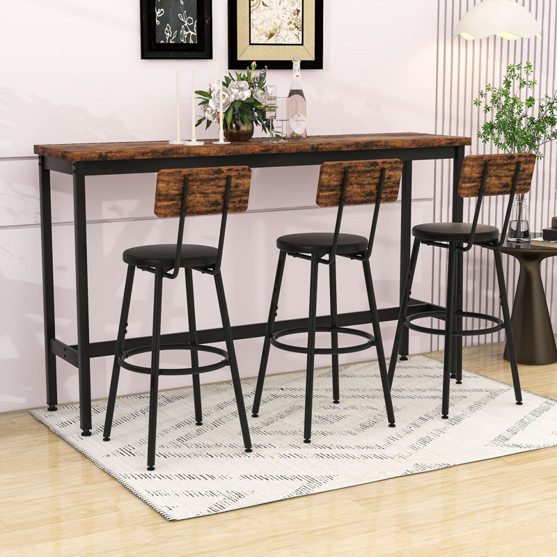 4-Piece Dining Table Set, Industrial Rectangular Table with Upholstered Chairs and Adjustable Foot Pad, Black/Brown