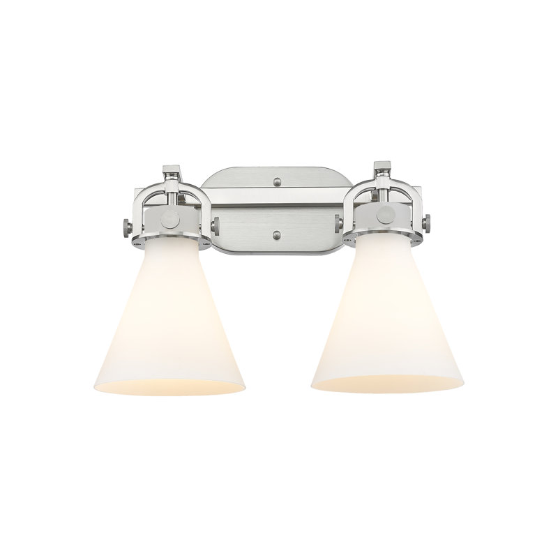 Cône Newton - 2 lumières - 17 pouces - Nickel satiné - Abat-jour blanc - Éclairage pour meuble-lavabo, White, 2 Lights