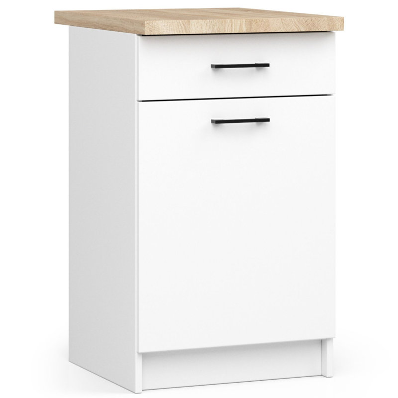 The kitchen base cabinet is white Base Unit, 85cm H x 50cm W x 46cm D