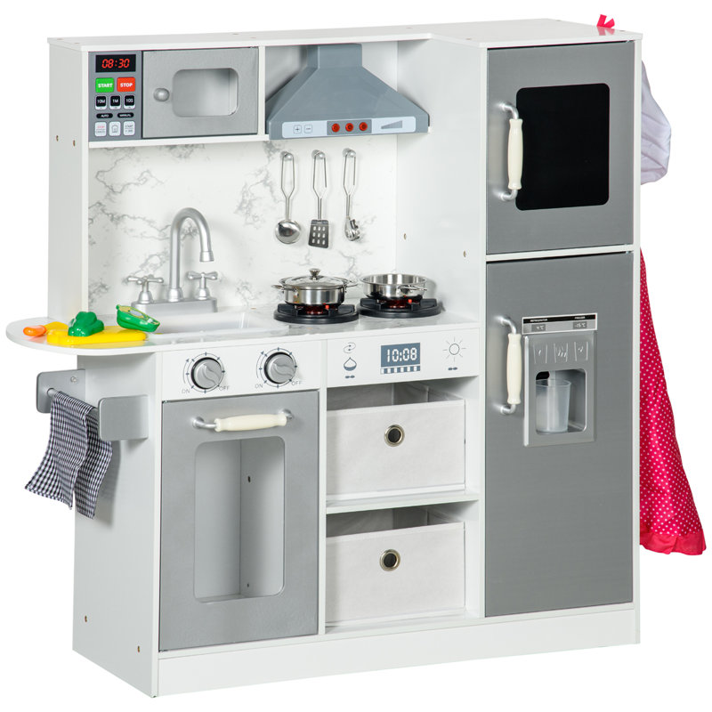 Ensemble de cuisine pour enfants Qaba, ensemble de cuisine pour enfants avec lumières, sons, tablier et toque, machine à glaçons, four à micro-ondes, porte-serviettes, ustensiles, hotte, amusant avec des amis, pour les enfants de 3 à 6 ans, blanc