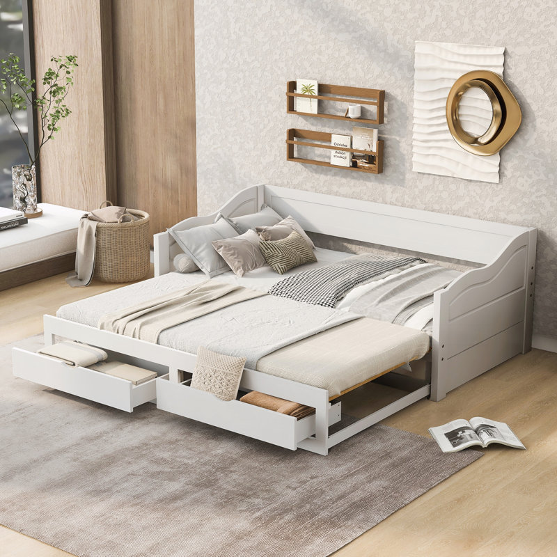 Wooden Daybed with Trundle Bed and Two Storage Drawers, White