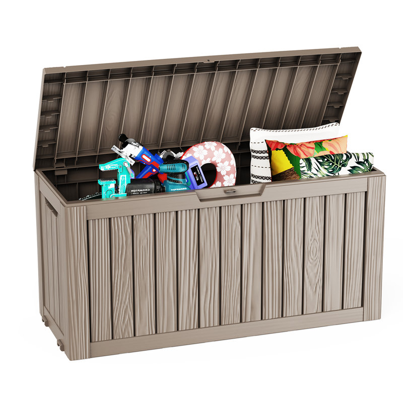 75 Gallon Wood-grain Style Lockable Deck Box With Wheels, Water Resistant Resin, Brown