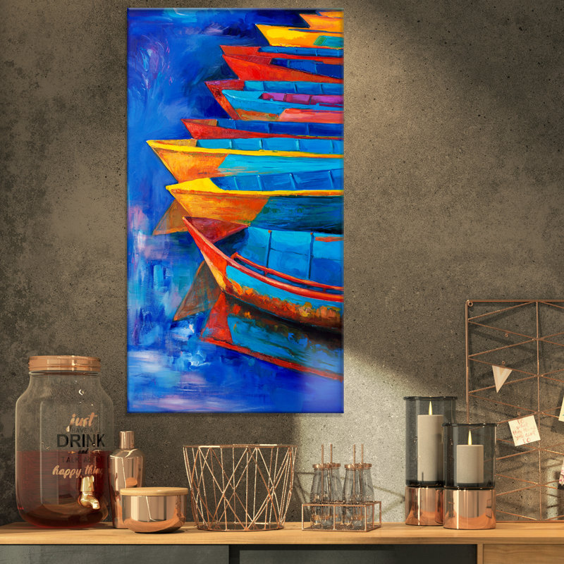 «Boat and Jetty at Pier», peinture, H 32 po x l 16 po x P 1 po, Toile tendue