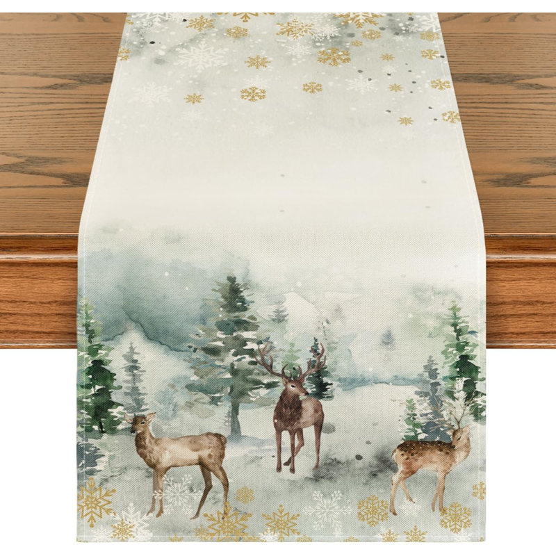 Watercolor Deer Trees Snowflakes Christmas Table Runner, Seasonal Winter Xmas Holiday Kitchen Dining Table Decoration For Indoor Outdoor Home Party Decor