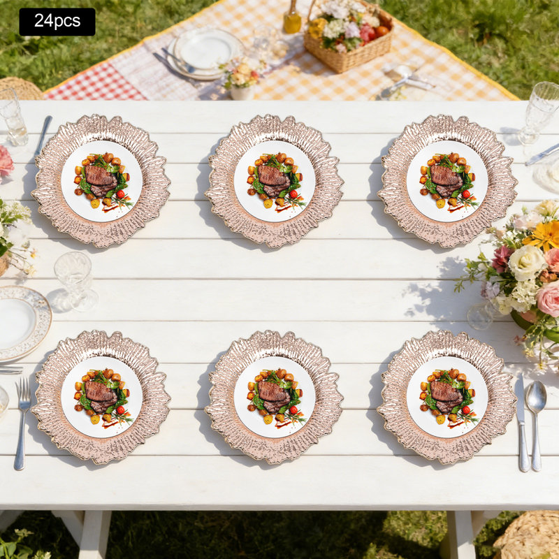 Ensemble de 24 assiettes décoratives en plastique 12,6 po pour assiettes décoratives multicolores, Or rose