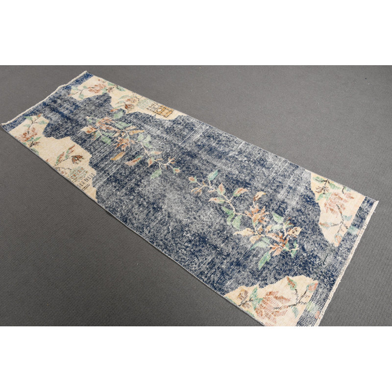 Tapis de couloir rétro vintage bleu Oushak pour la cuisine et les escaliers avec un design antique d'Anatolie