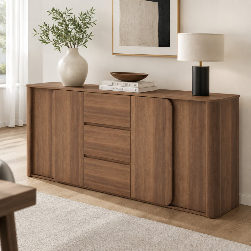 Lilie 78.7'' Walnut Sideboard Buffet Cabinet With 3 Drawers, 2 Side Storage Cabinets, Adjustable Shelves, Rounded Edges And Handle-Free Hinged Doors