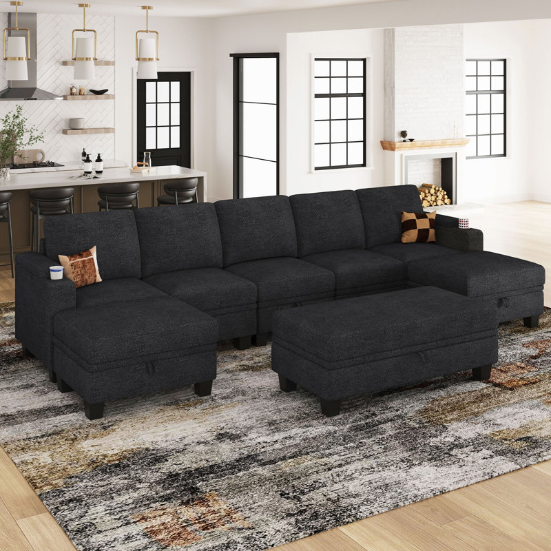 Canapé modulaire en forme de U en chenille avec coussin amovible et lavable Penespa, Chenille grise foncée