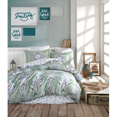 Ensemble de housse de couette en satin de coton de luxe (3 pièces), vert menthe et vert et blanc | 100% coton, 79 po x 79 po | 210 fils, lavable à la machine, enveloppe et fermeture à boutons | Une literie élégante pour une chambre à coucher éléga