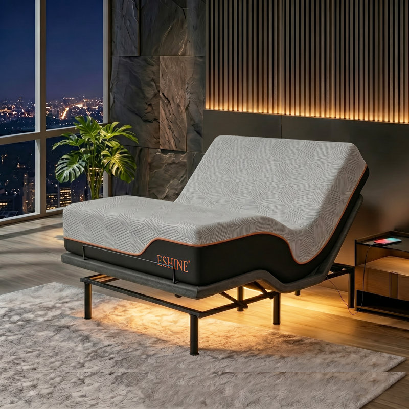 Lit réglable avec matelas de 14 po, massage, télécommande sans fil, contrôle des applications, gravité zéro, éclairage sous le lit, ports USB et de type C des deux côtés