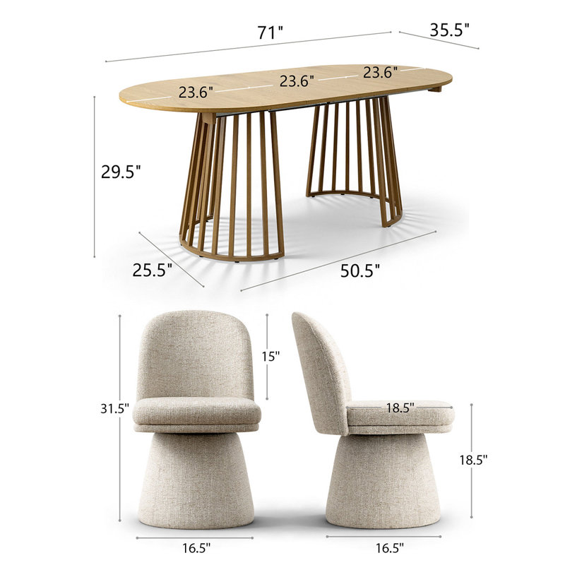 6 - Person Dining Table Sets With Extendabe Oval Table & 6 Upholstered Tweed Swivel Chairs, Oatmeal