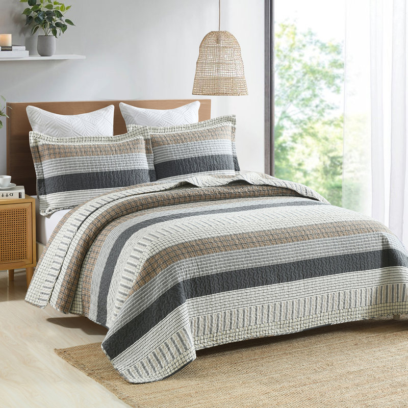 Ensembles de courtepointe 100% coton 98 po x 106 po DDUOXIN - 1 courtepointe avec 2 taies décoratives, Brun / gris / crème
