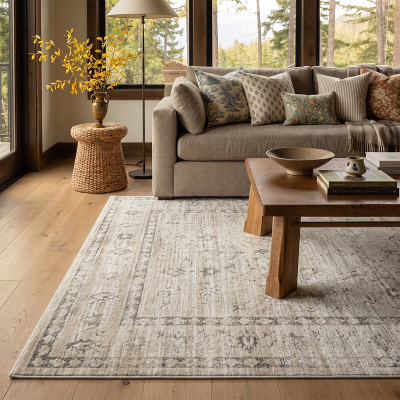 Tapis d'intérieur lavable oriental Eloria de Rug Branch, 244 x 335 cm, beige. Tapis moderne résistant aux taches, idéal pour le salon, la chambre à coucher, la salle à manger, la cuisine et le bureau.