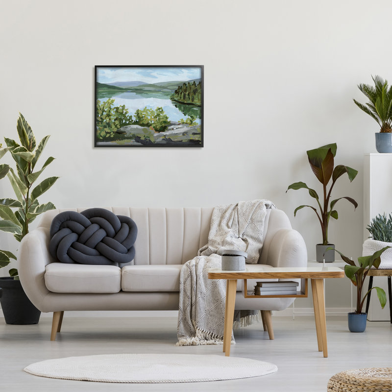 «Forest Lake Clearing Scenery» par Victoria Barnes - Peinture, H 24 po x l 30 po x P 1,5 po, Giclée encadrée noir minuit
