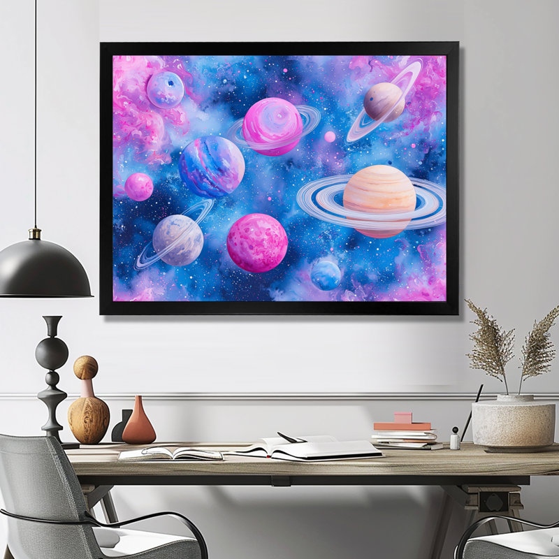Rêve éthéré des planètes - décoration murale espace, Reproduction encadrée d'une seule photo sans pass, Noir