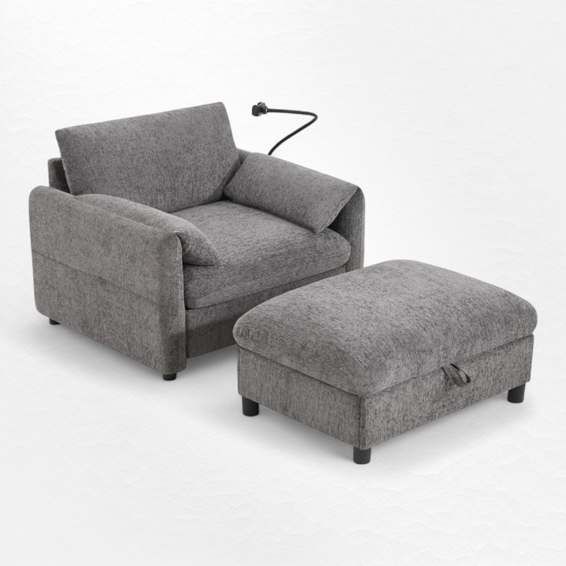 Fauteuil d'appoint rembourré avec repose-pieds avec rangement, Gris